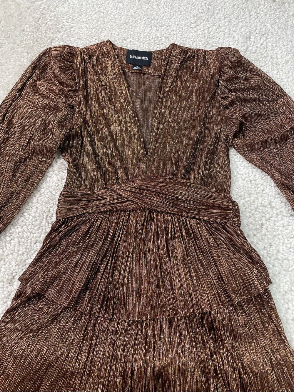 Sabina Musayev Gold Brown Metallic Bronze Dress. Tie Waist Tiered Semi Sheer Med - Picture 4 of 13